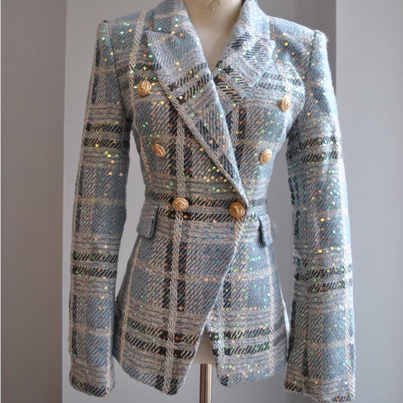 Jackets & Blazers - Baby Blue Tweed Sequin Blazer Balmain Blazer Inspired